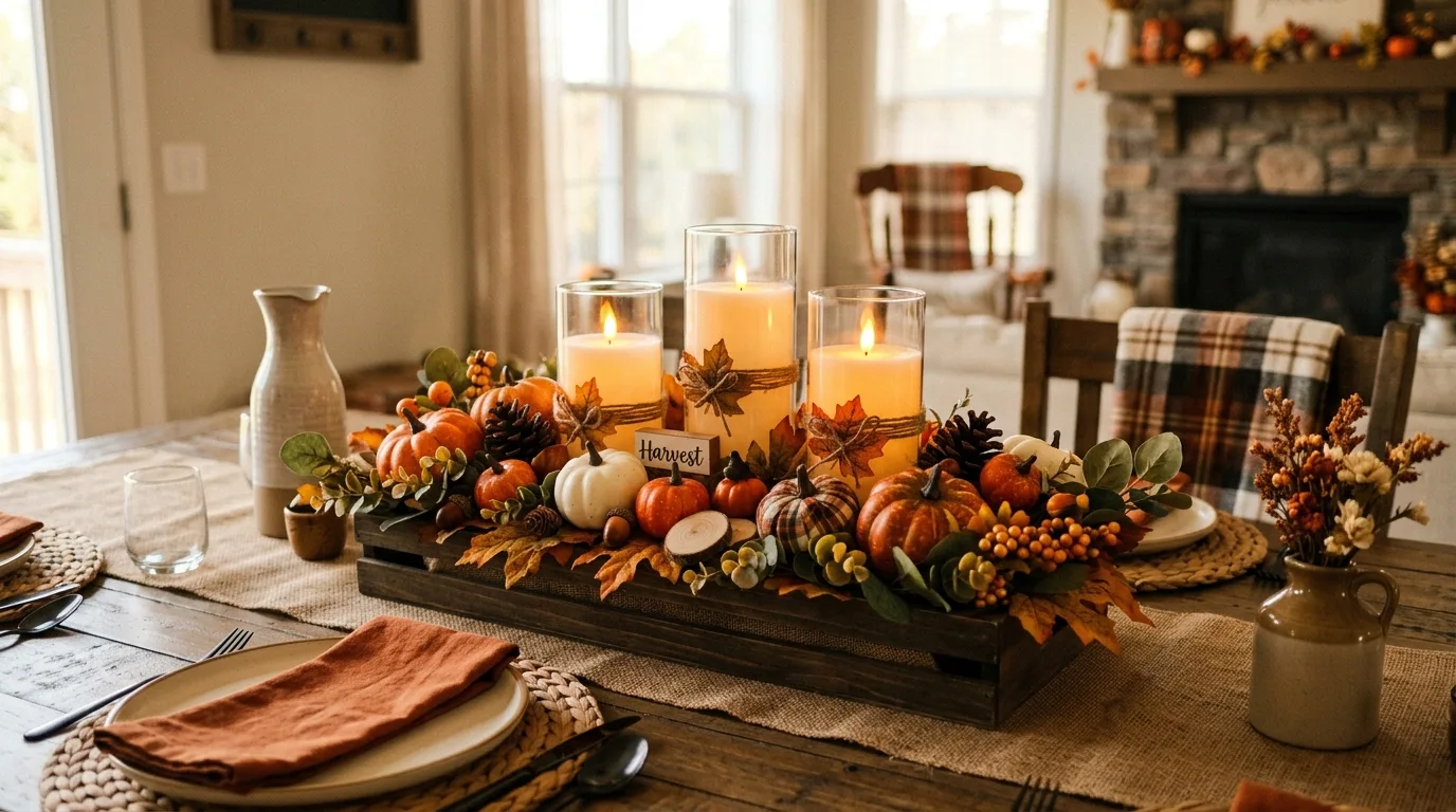 Farmhouse dining table centerpiece with Dollar Tree fall decor